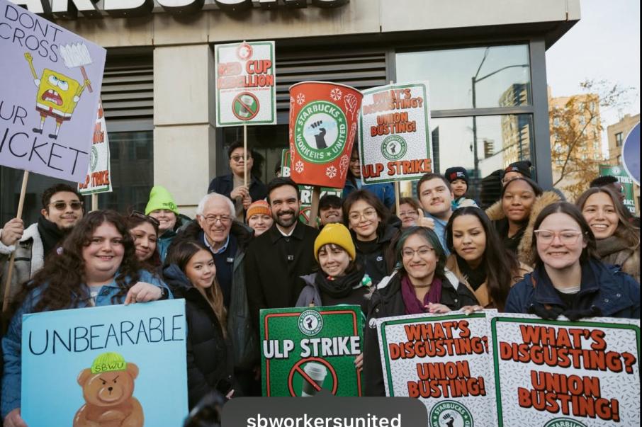 स्टारबक्सविरुद्धको आन्दोलनमा मेयर–निर्वाचित जोहरन मम्दानी र बर्नी स्यान्डर्स सडकमा